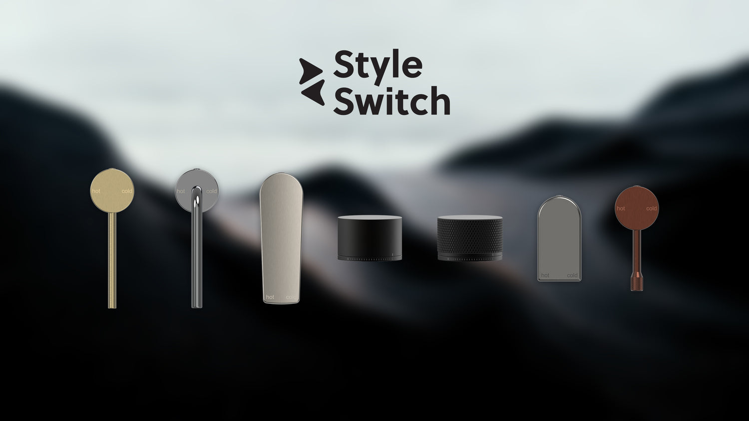Six minimalist switch-style hardware pieces in different finishes are arranged in a row against a blurred background, with the text 'Style Switch' centered above them.